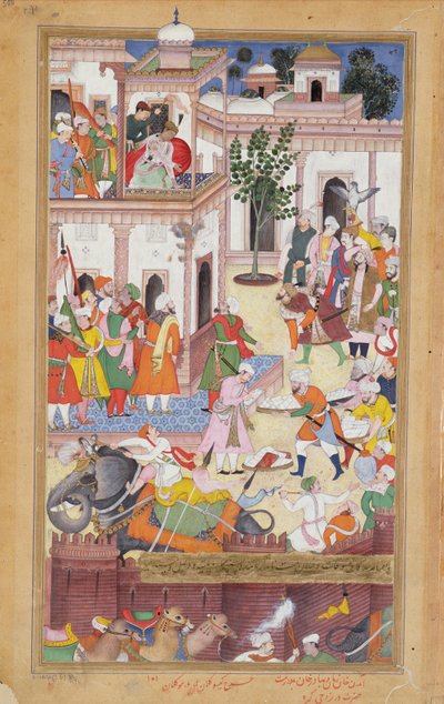 De broers Ali Auli Khan Zaman en Gadhadur Khan in Karah, brengen eer aan Akbar en leveren buit van de Afghanen, 1590-98 door Mughal School